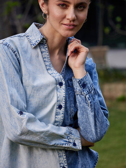 Women's Blue & White Colour Block Shirt