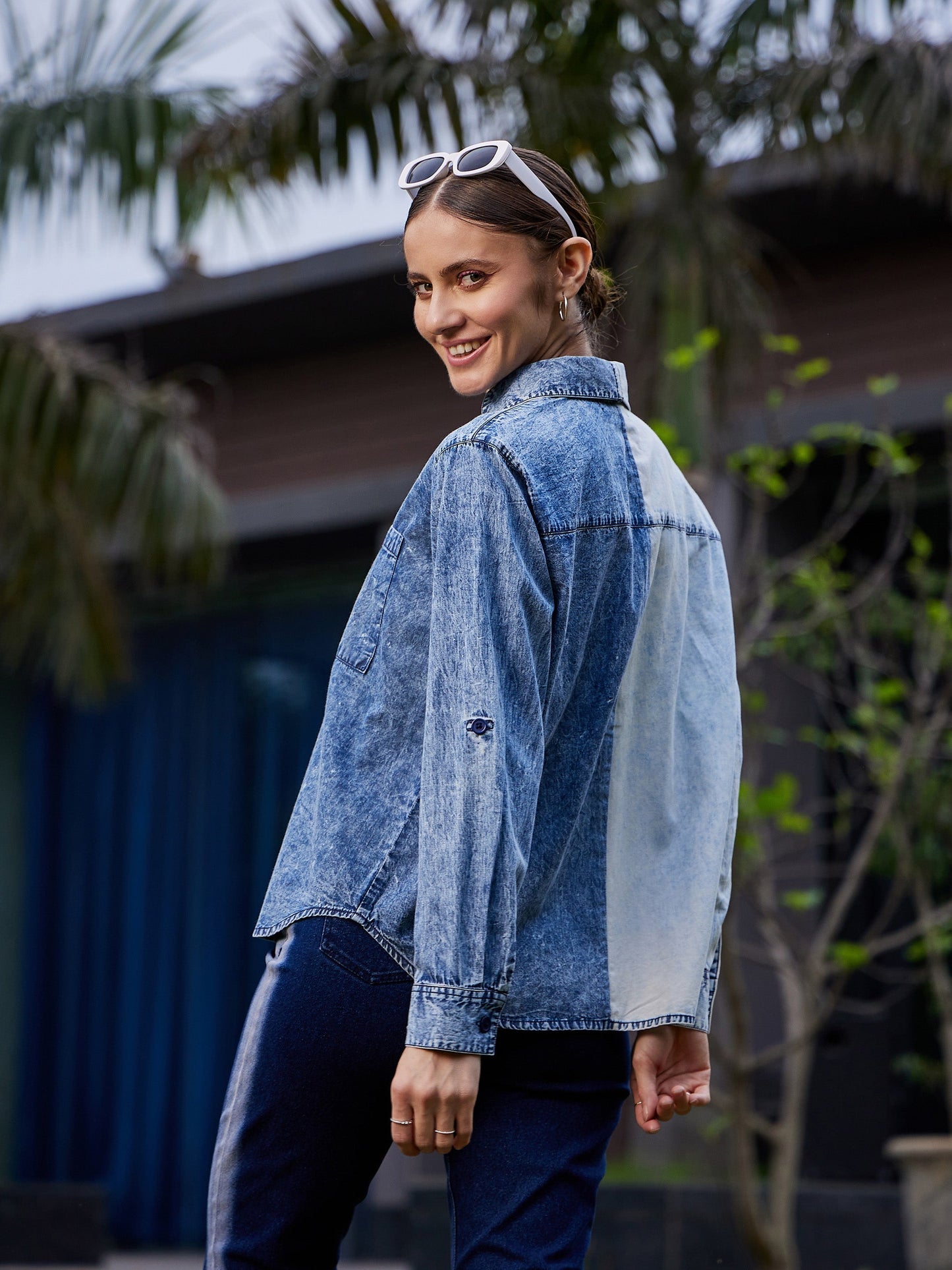 Women's Blue & White Colour Block Shirt