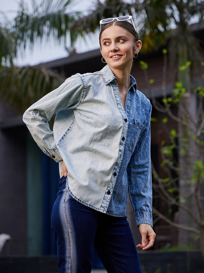 Women's Blue & White Colour Block Shirt