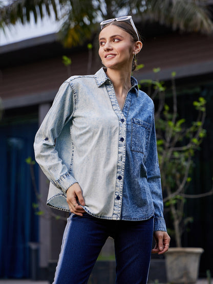 Women's Blue & White Colour Block Shirt