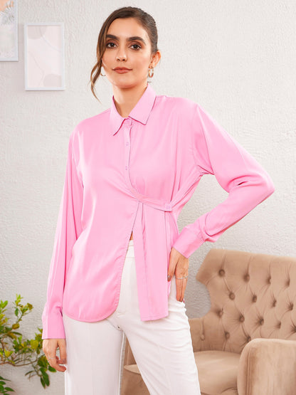 Women's Pink Satin Turn-Down Collar Blouse