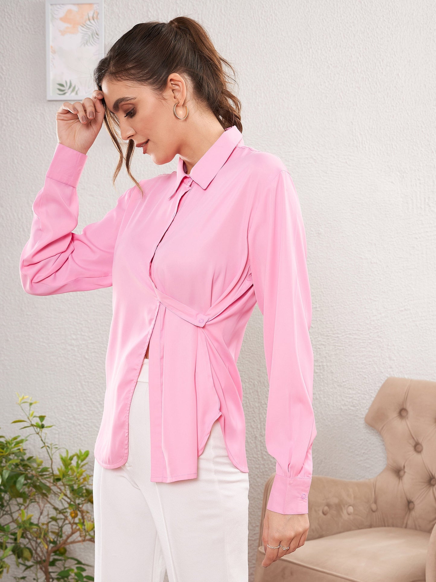 Women's Pink Satin Turn-Down Collar Blouse