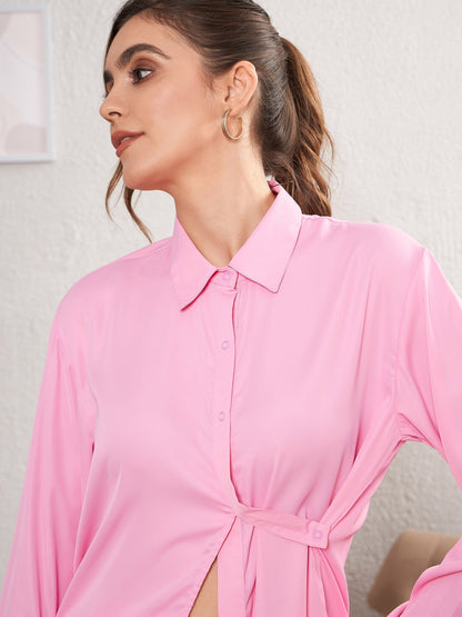 Women's Pink Satin Turn-Down Collar Blouse