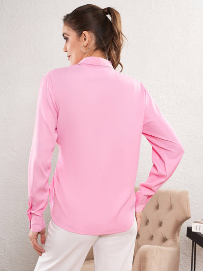 Women's Pink Satin Turn-Down Collar Blouse
