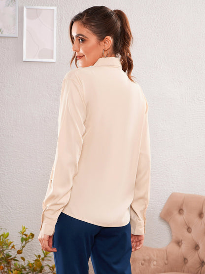 Women's Beige Satin Satin Turn-Down Collar Blouse