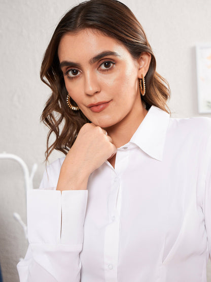 Women's White Satin Pleated Fold Slim Waist Shirt