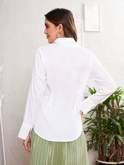 Women's White Satin Pleated Fold Slim Waist Shirt