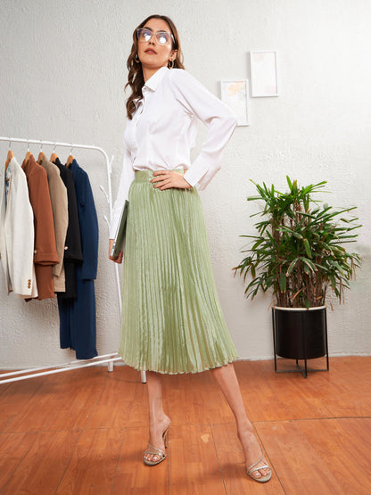 Women's White Satin Pleated Fold Slim Waist Shirt