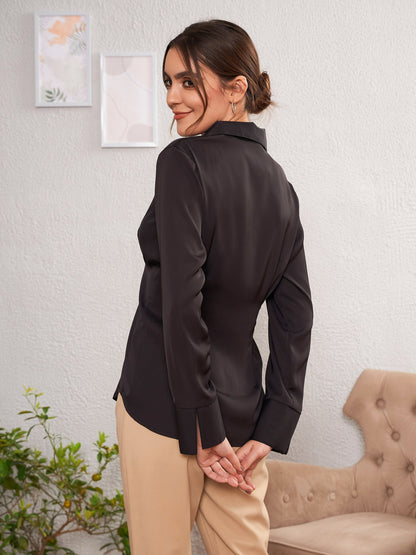 Women's Black Satin Pleated Fold Slim Waist Shirt