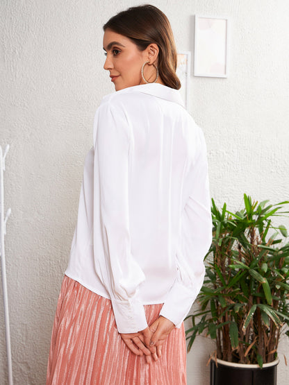 Women's White Satin Front Ruched Shirt