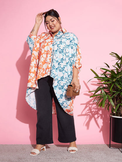 Women's Orange & Blue Floral ColourBlock Oversized Shirt