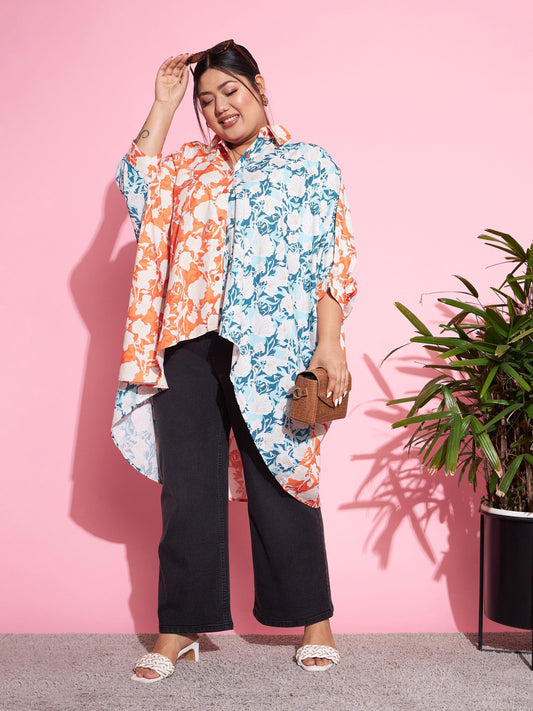 Women's Orange & Blue Floral ColourBlock Oversized Shirt