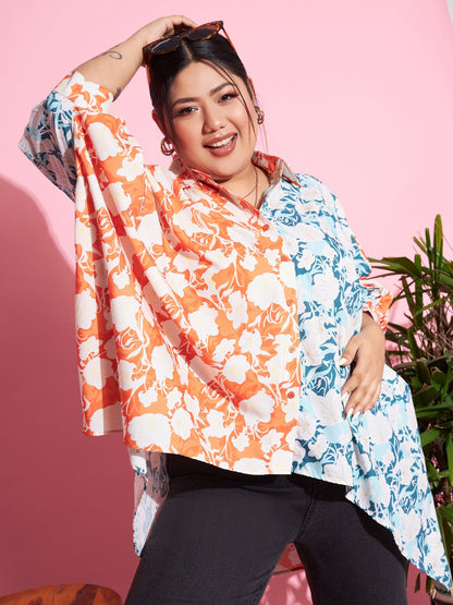 Women's Orange & Blue Floral ColourBlock Oversized Shirt