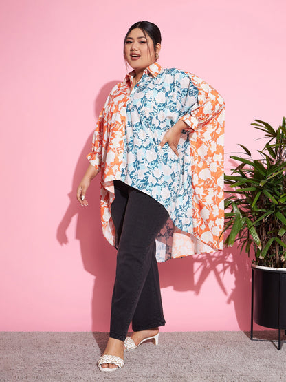 Women's Orange & Blue Floral ColourBlock Oversized Shirt