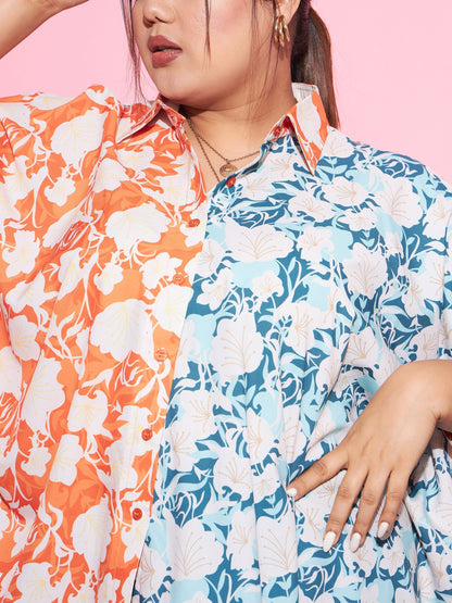 Women's Orange & Blue Floral ColourBlock Oversized Shirt