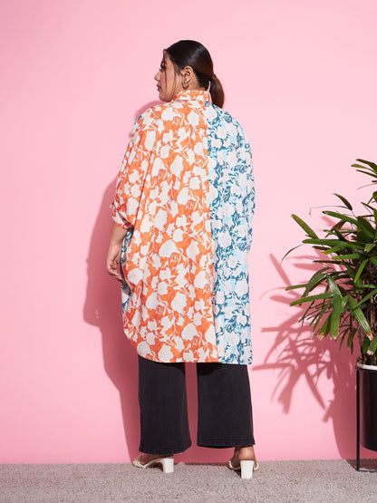 Women's Orange & Blue Floral ColourBlock Oversized Shirt