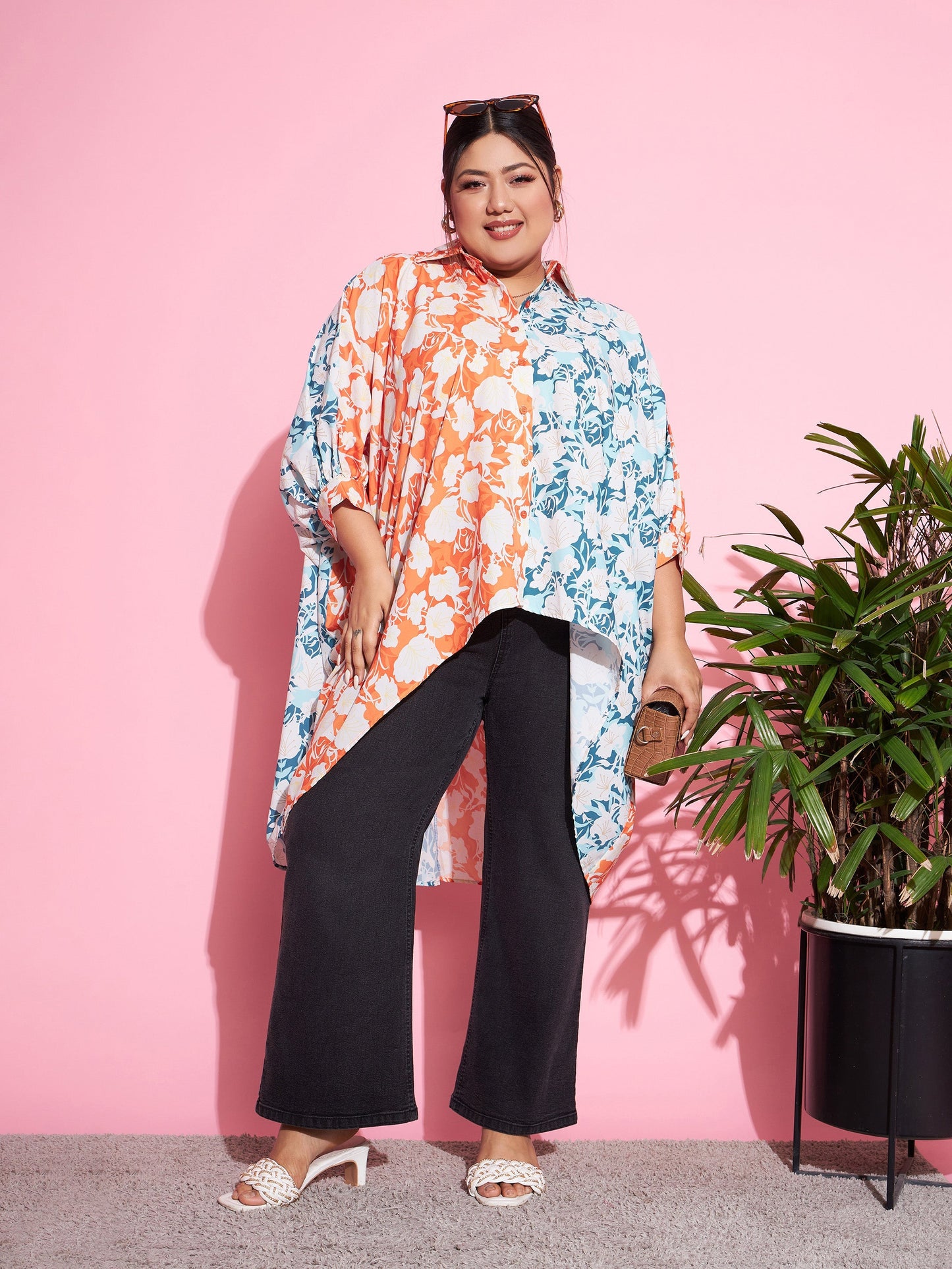 Women's Orange & Blue Floral ColourBlock Oversized Shirt