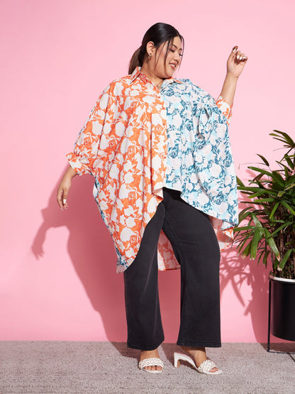 Women's Orange & Blue Floral ColourBlock Oversized Shirt