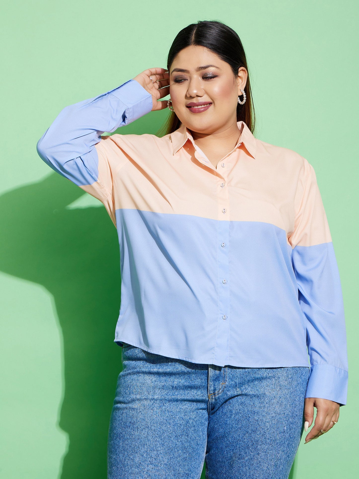 Women's Peach & Blue ColourBlock Shirt