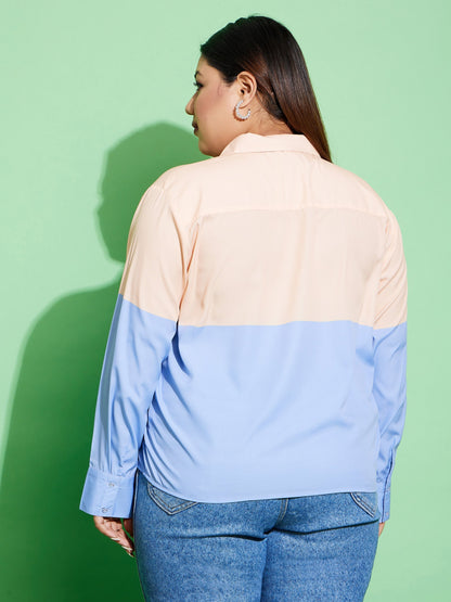 Women's Peach & Blue ColourBlock Shirt