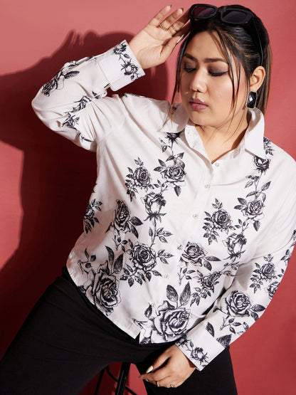 Women's White Floral Back Cut Shirt