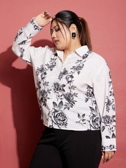 Women's White Floral Back Cut Shirt