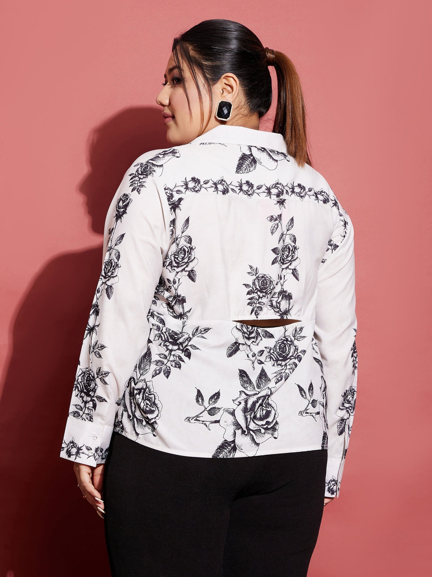 Women's White Floral Back Cut Shirt
