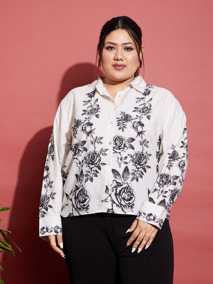 Women's White Floral Back Cut Shirt