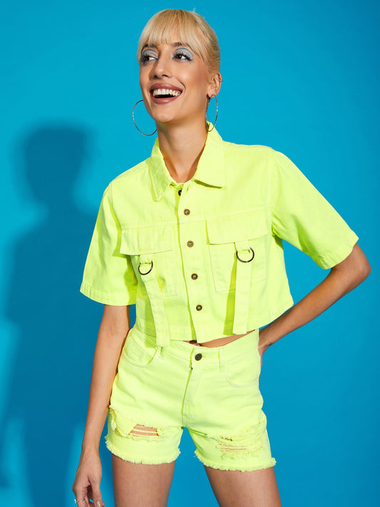 Women's Neon Yellow Denim Front Pocket Crop Shirt