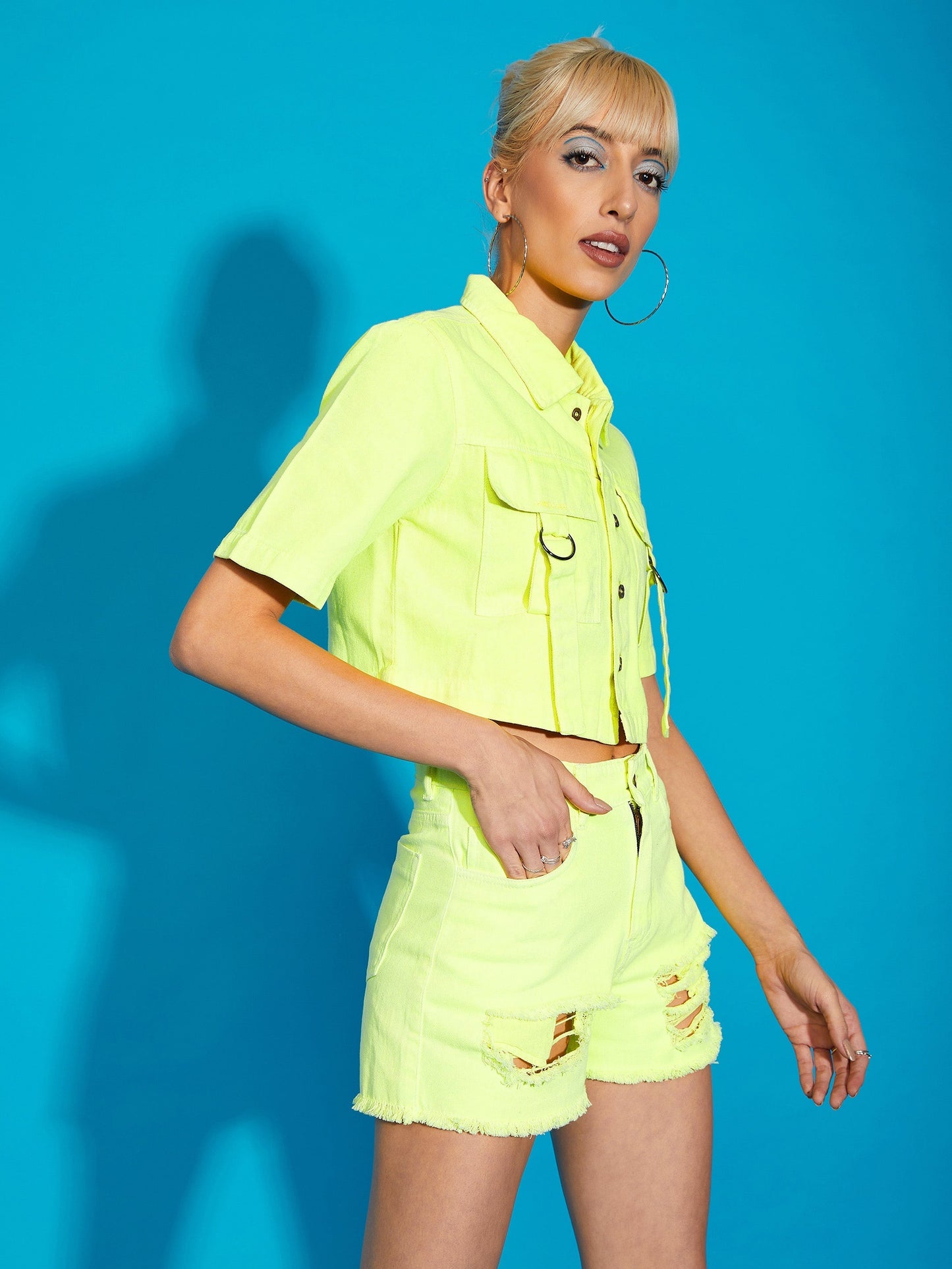 Women's Neon Yellow Denim Front Pocket Crop Shirt