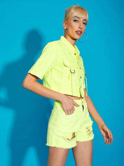 Women's Neon Yellow Denim Front Pocket Crop Shirt