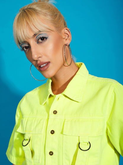 Women's Neon Yellow Denim Front Pocket Crop Shirt