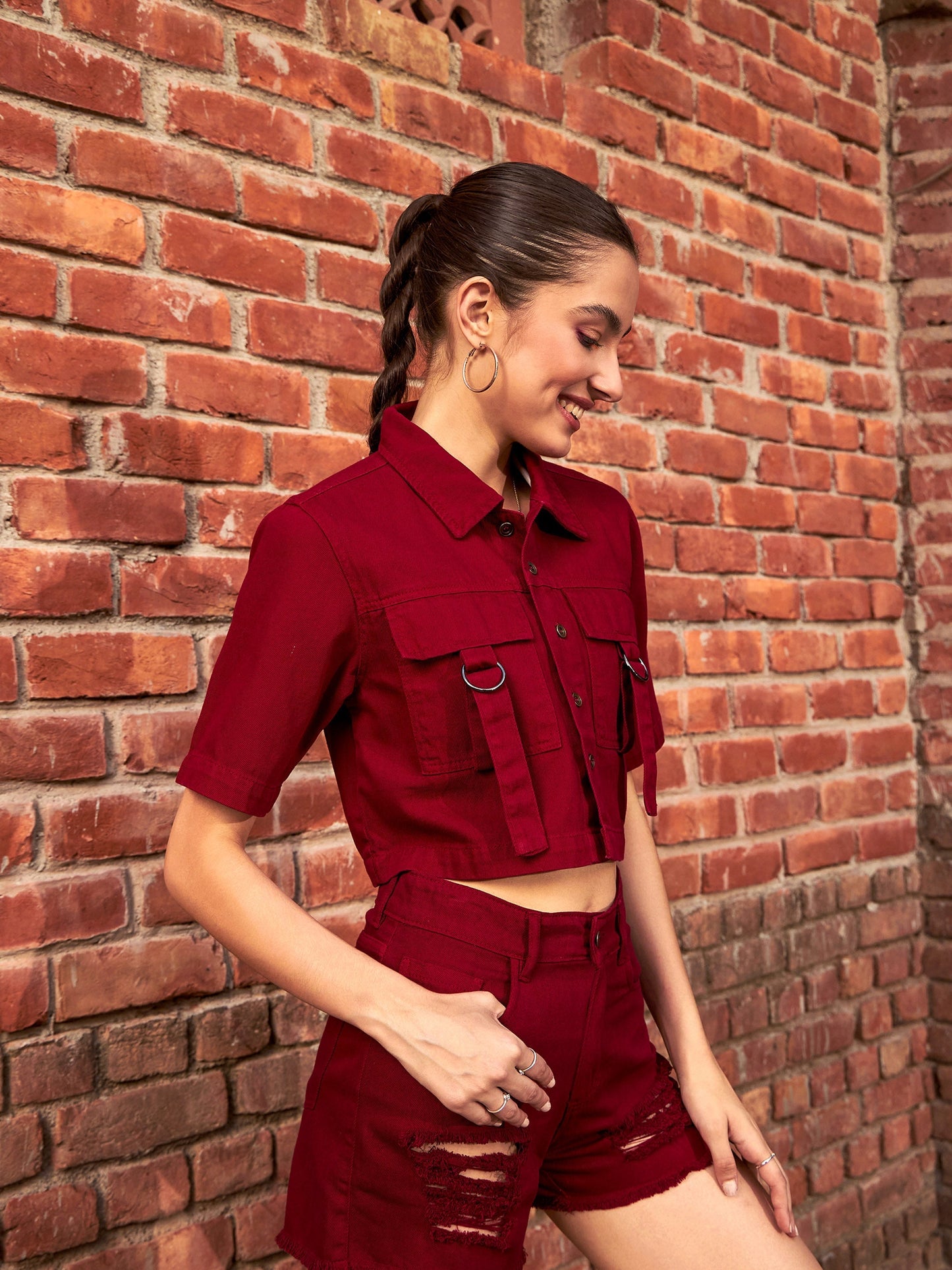 Women's Maroon Denim Front Pocket Crop Shirt
