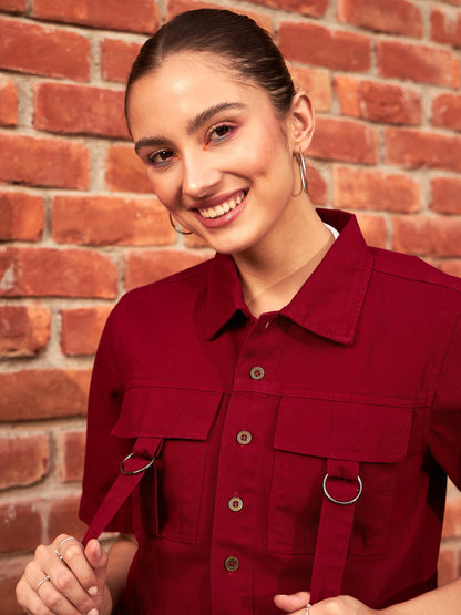 Women's Maroon Denim Front Pocket Crop Shirt