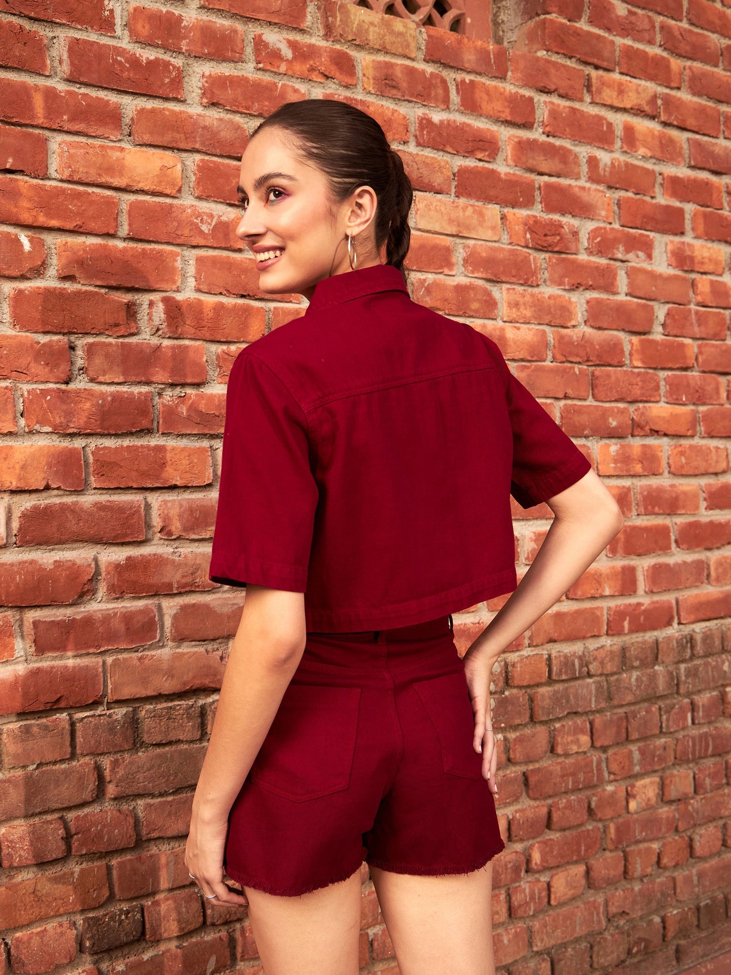 Women's Maroon Denim Front Pocket Crop Shirt