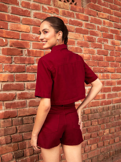 Women's Maroon Denim Front Pocket Crop Shirt