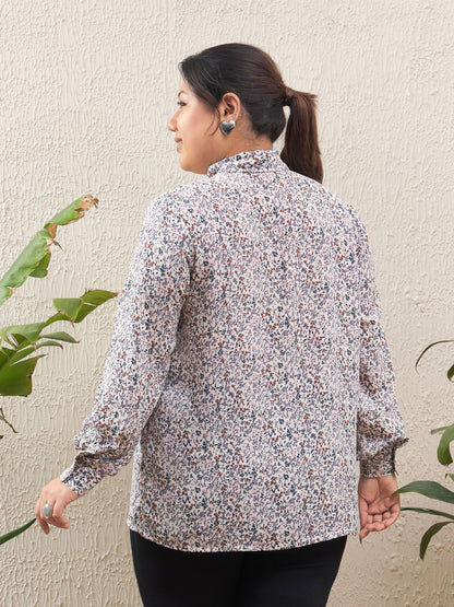 Women's White Ditsy Floral Tie Knot Shi