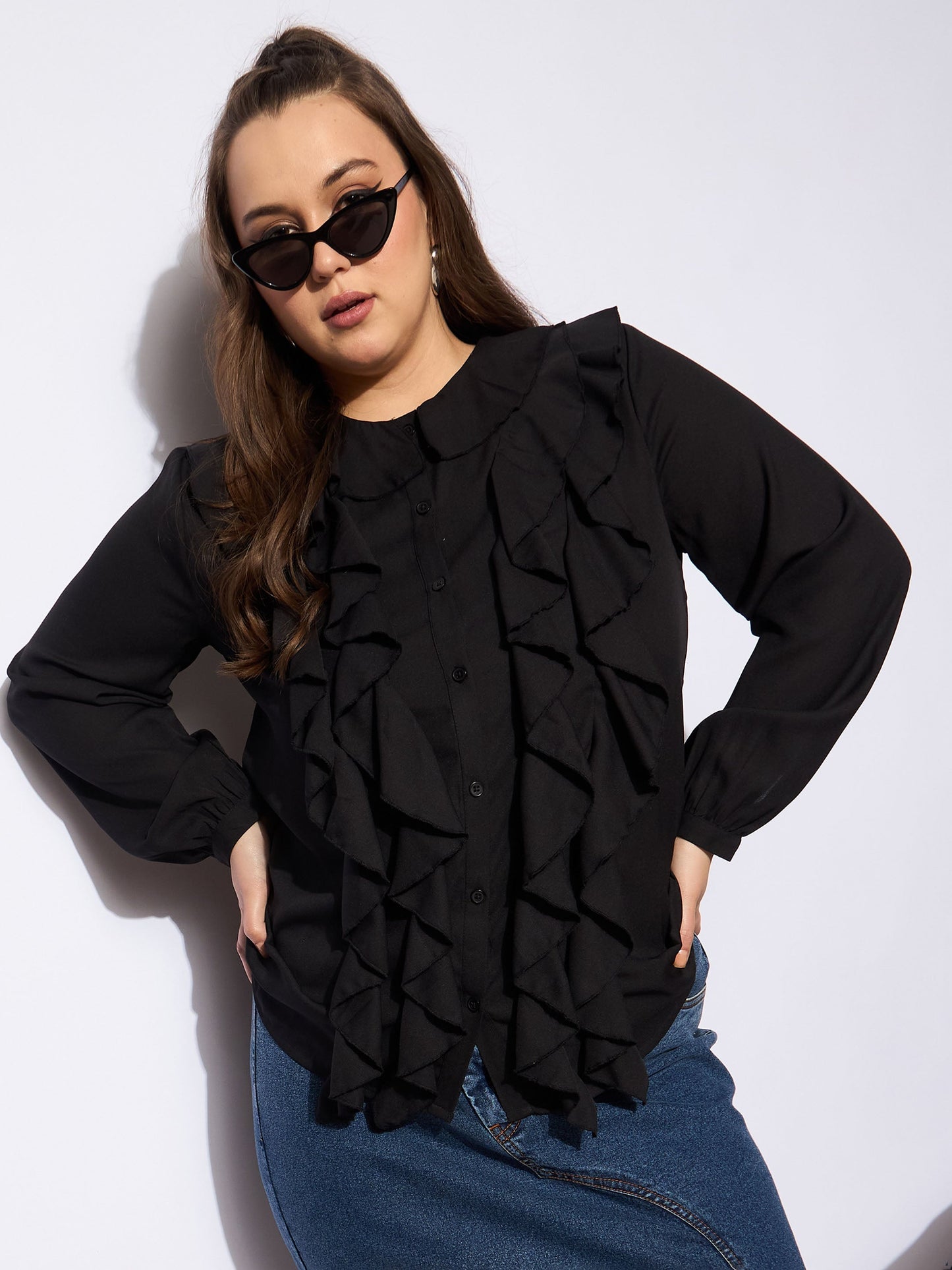Women's Black Solid Summercool Ruffle Shi