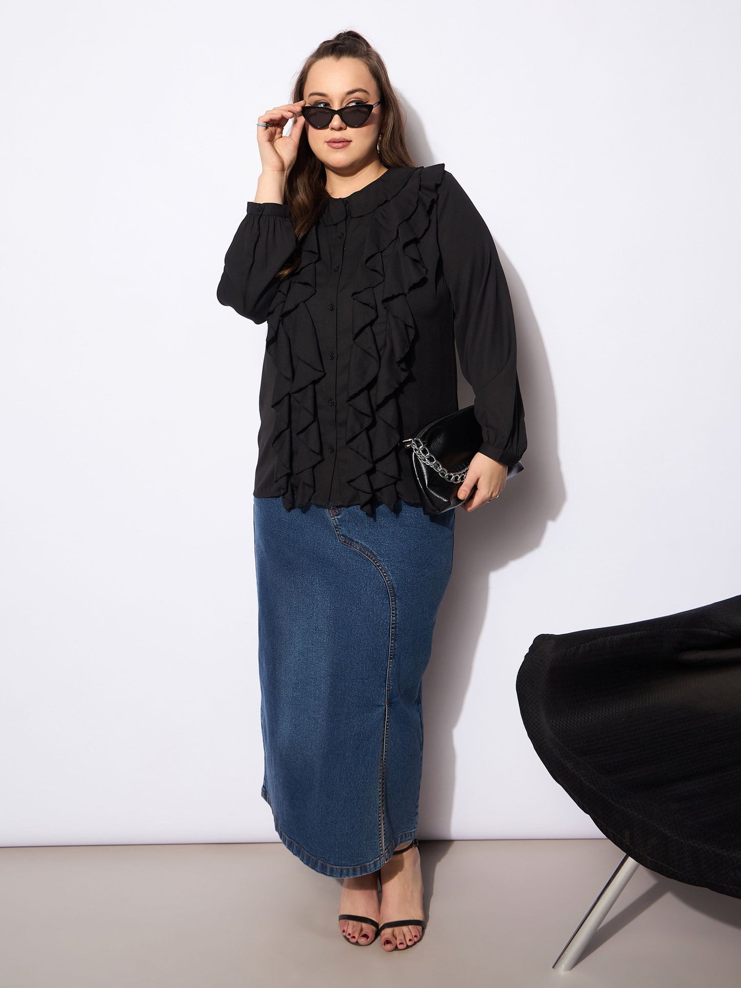 Women's Black Solid Summercool Ruffle Shi