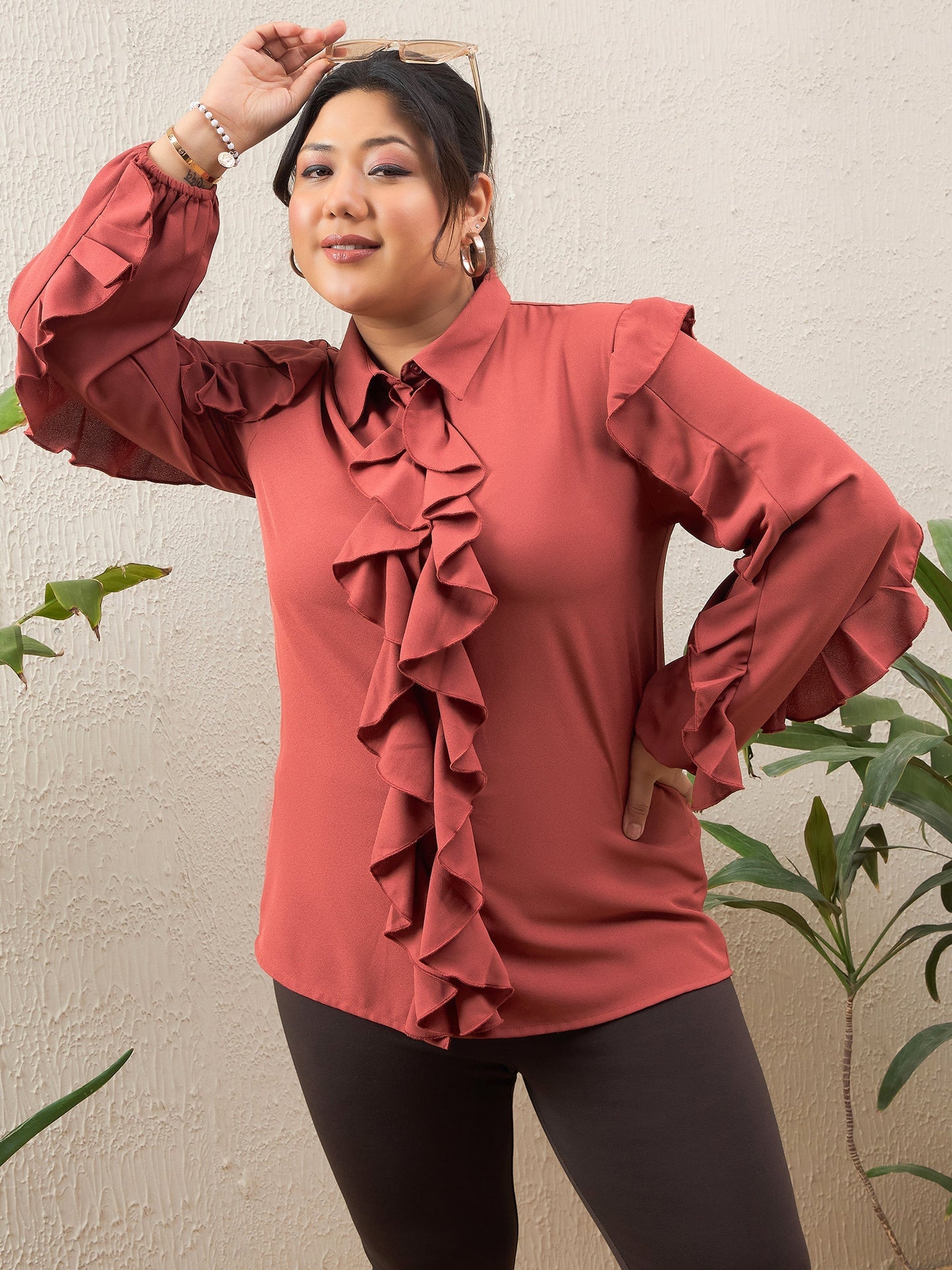 Women's Rust Solid Front Button Ruffle Shi