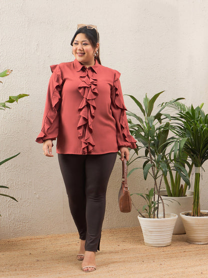 Women's Rust Solid Front Button Ruffle Shi