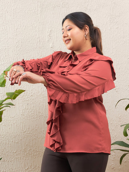 Women's Rust Solid Front Button Ruffle Shi