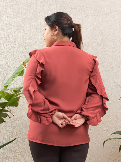 Women's Rust Solid Front Button Ruffle Shi