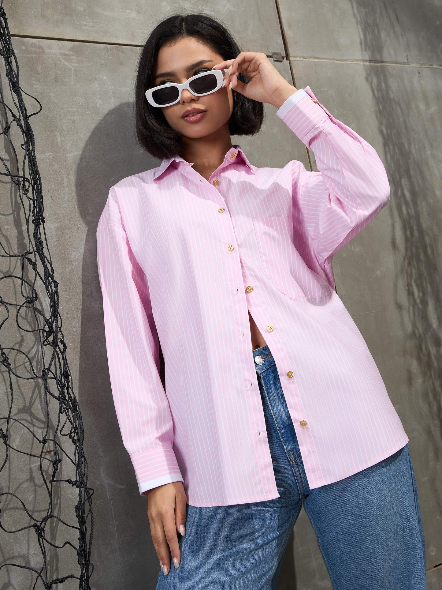 Women's Pink & White Stripes Gold Buttons Oversized Shi