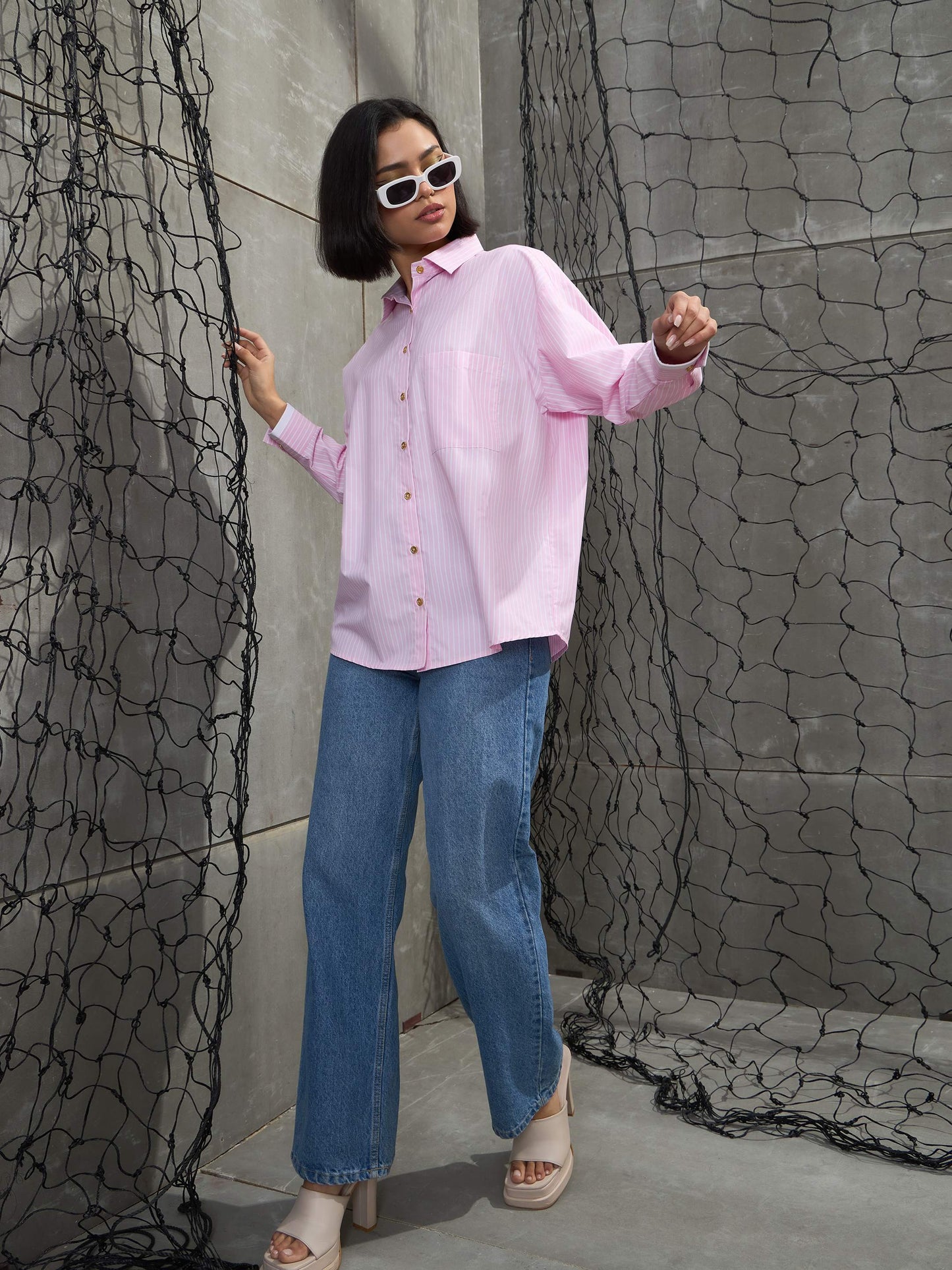 Women's Pink & White Stripes Gold Buttons Oversized Shi