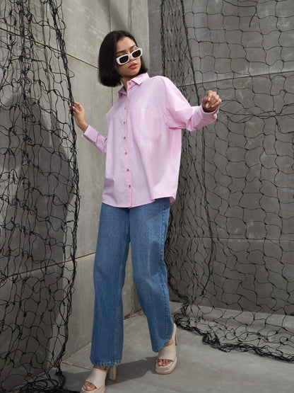 Women's Pink & White Stripes Gold Buttons Oversized Shi