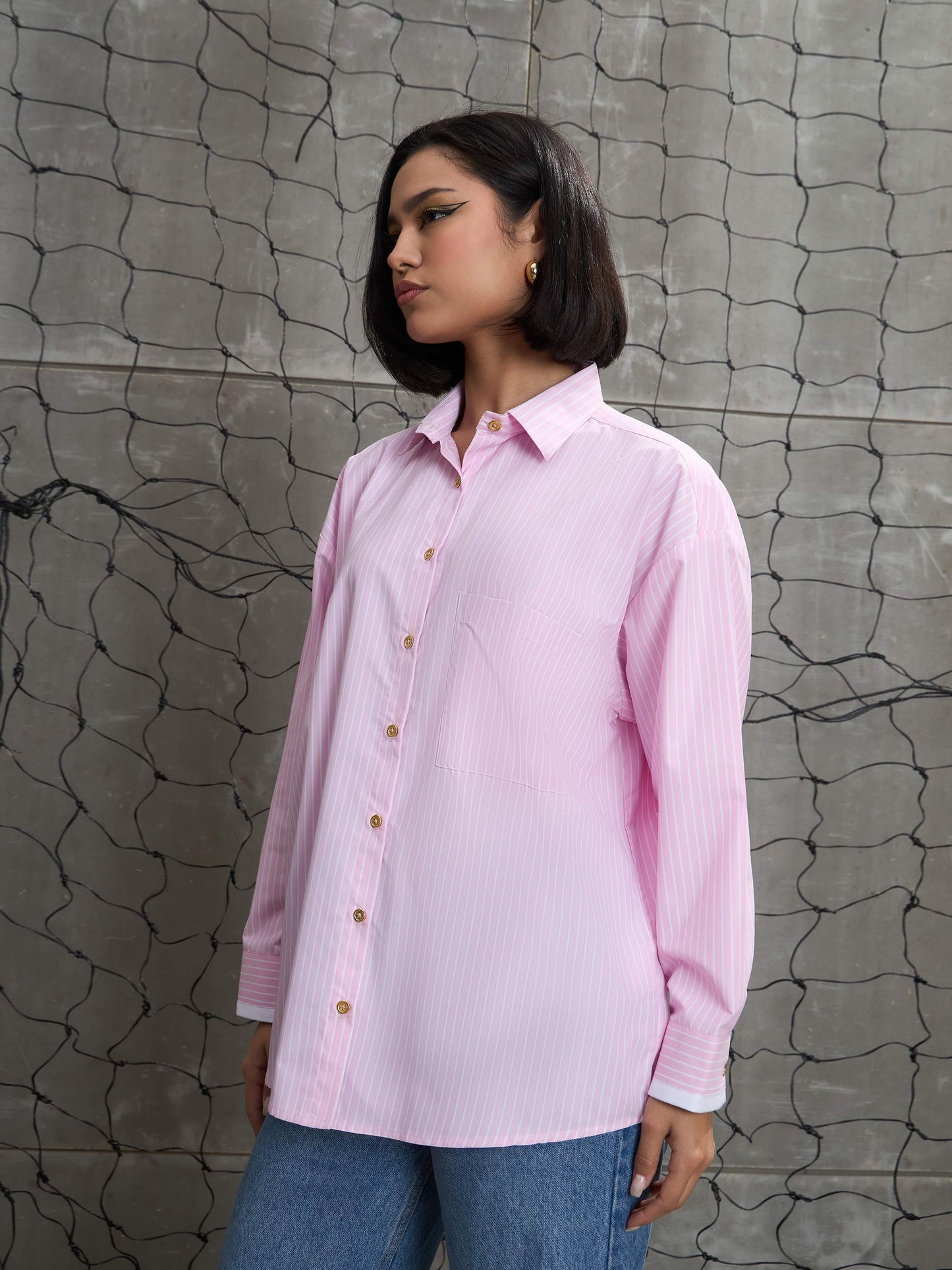 Women's Pink & White Stripes Gold Buttons Oversized Shi