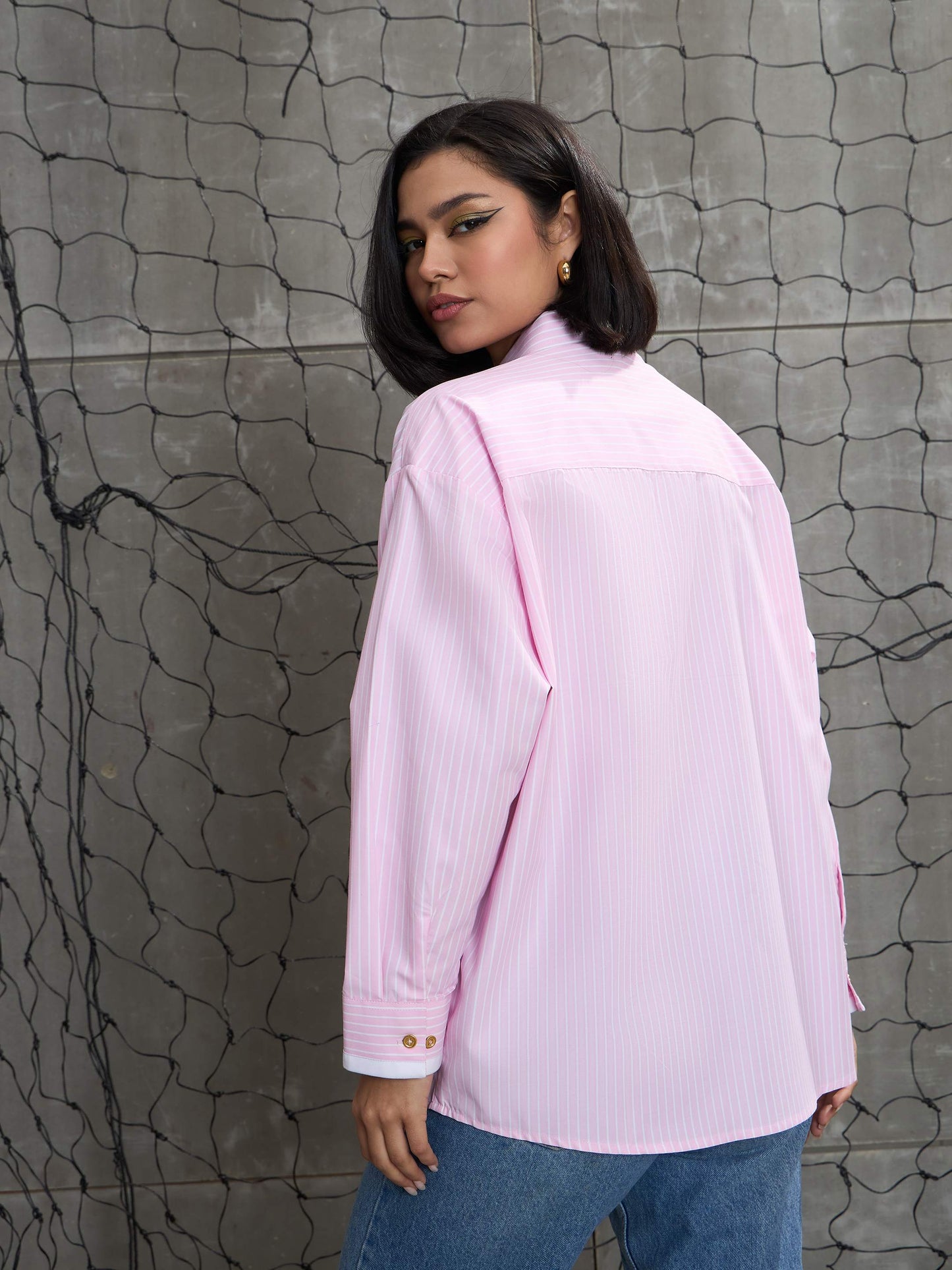 Women's Pink & White Stripes Gold Buttons Oversized Shi