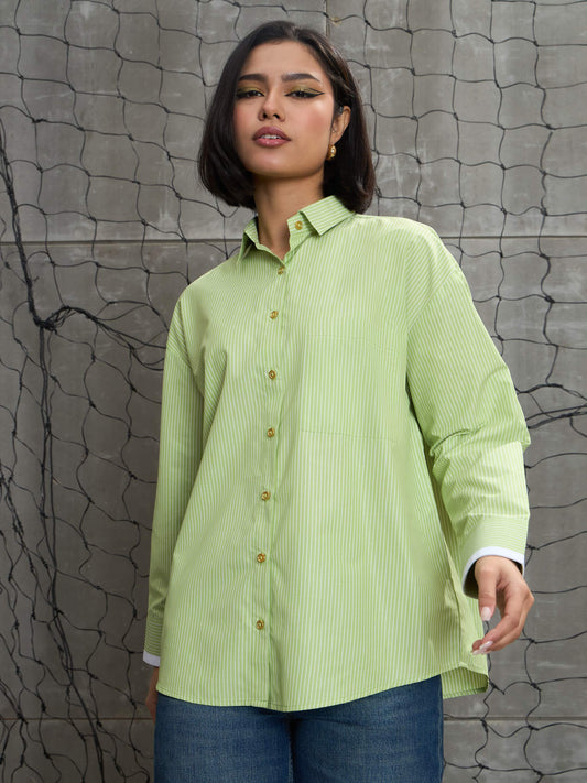 Women's Green & White Stripes Gold Buttons Oversized Shi