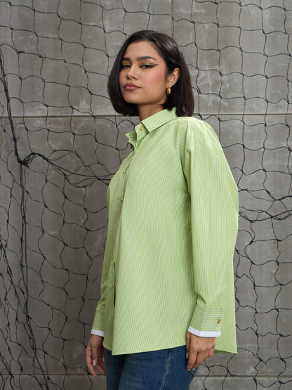Women's Green & White Stripes Gold Buttons Oversized Shi